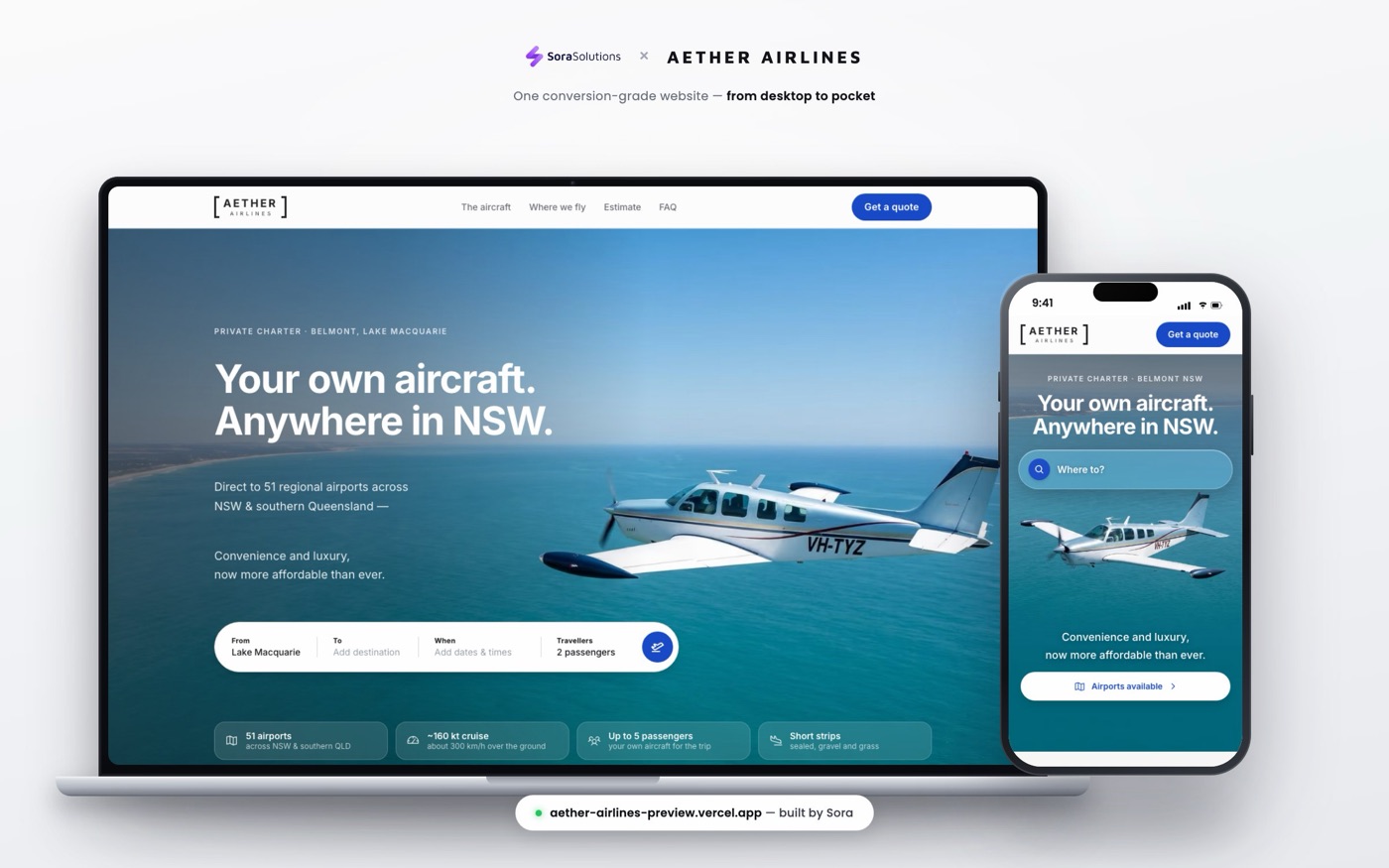 Aether Airlines website — desktop and mobile