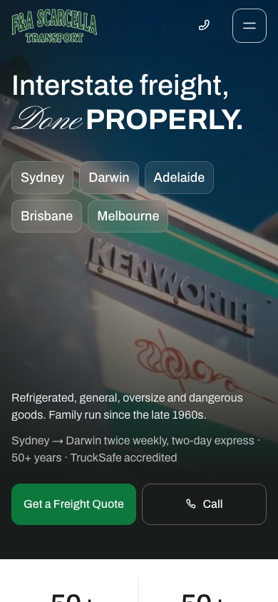 Scarcella Transport homepage on mobile